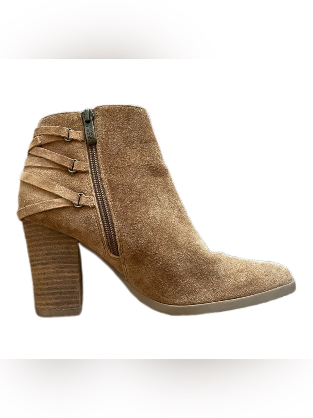 Franco Sarto Leather Suede Tan Block Heel Ankle Boot with Side Zip - 7